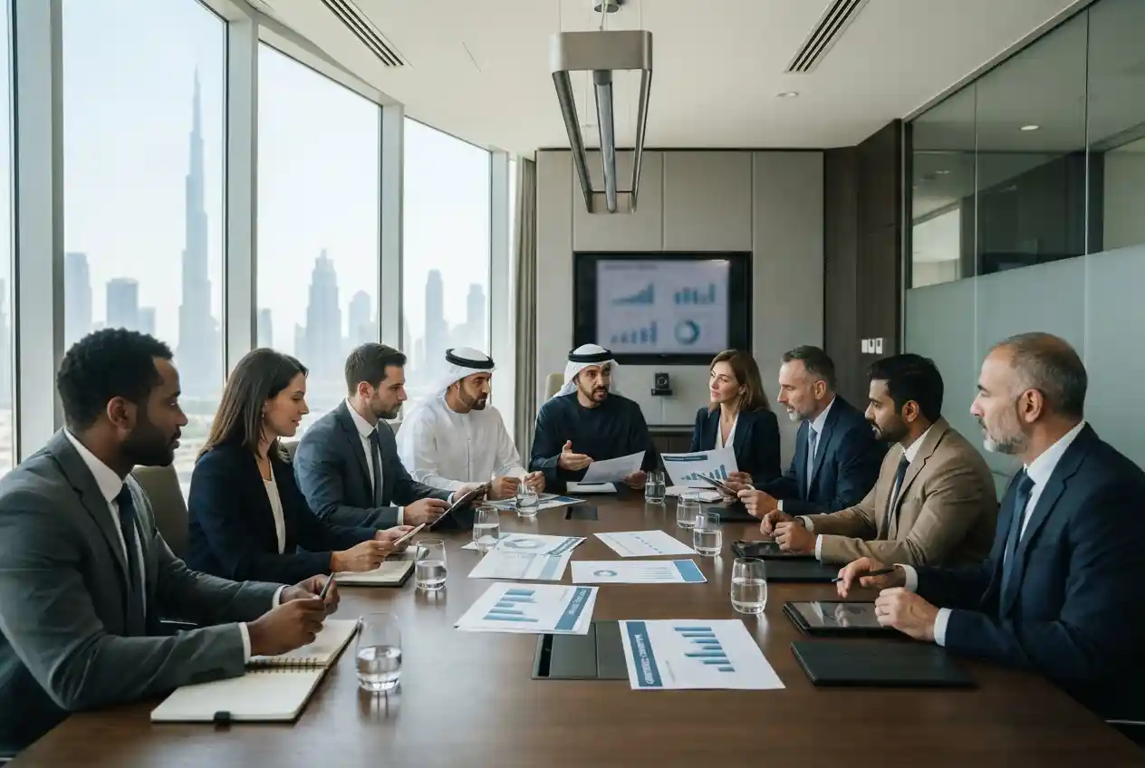 Board members and executives discussing corporate governance in a UAE office