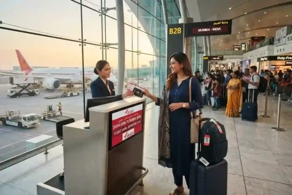 Traveller preparing for a flight from Dubai to India
