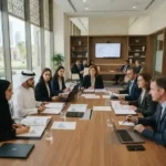 University administrators reviewing academic accreditation in the UAE