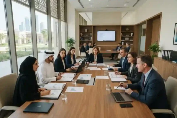 University administrators reviewing academic accreditation in the UAE