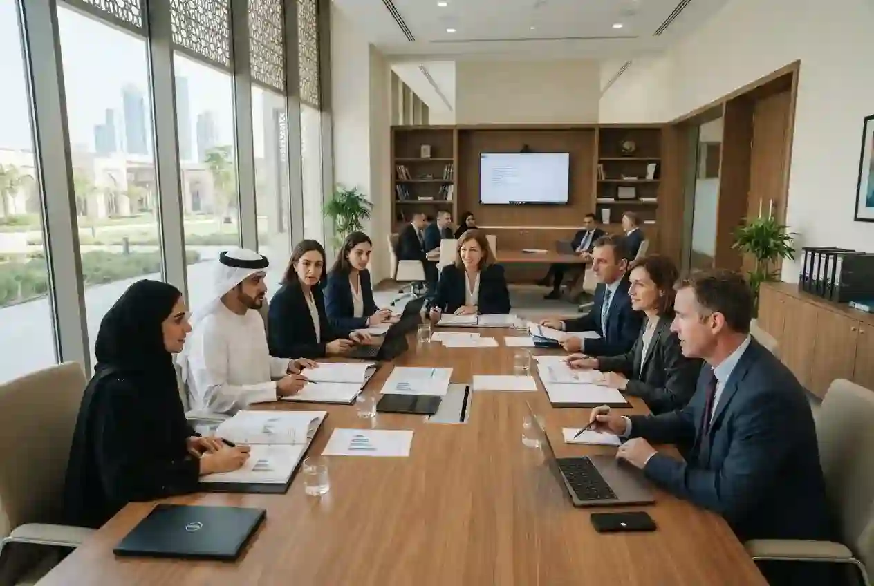 University administrators reviewing academic accreditation in the UAE