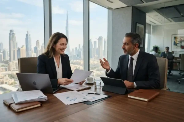 Finance recruitment professionals discussing hiring in Dubai