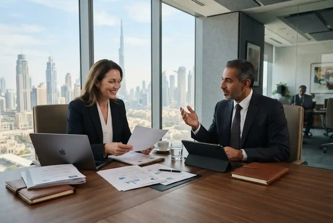 Finance recruitment professionals discussing hiring in Dubai