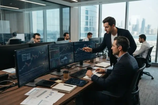 Finance professionals analyzing securities financing transactions