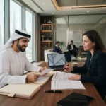 Business professionals reviewing trademark registration documents in the UAE