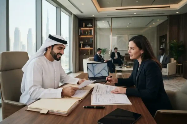 Business professionals reviewing trademark registration documents in the UAE